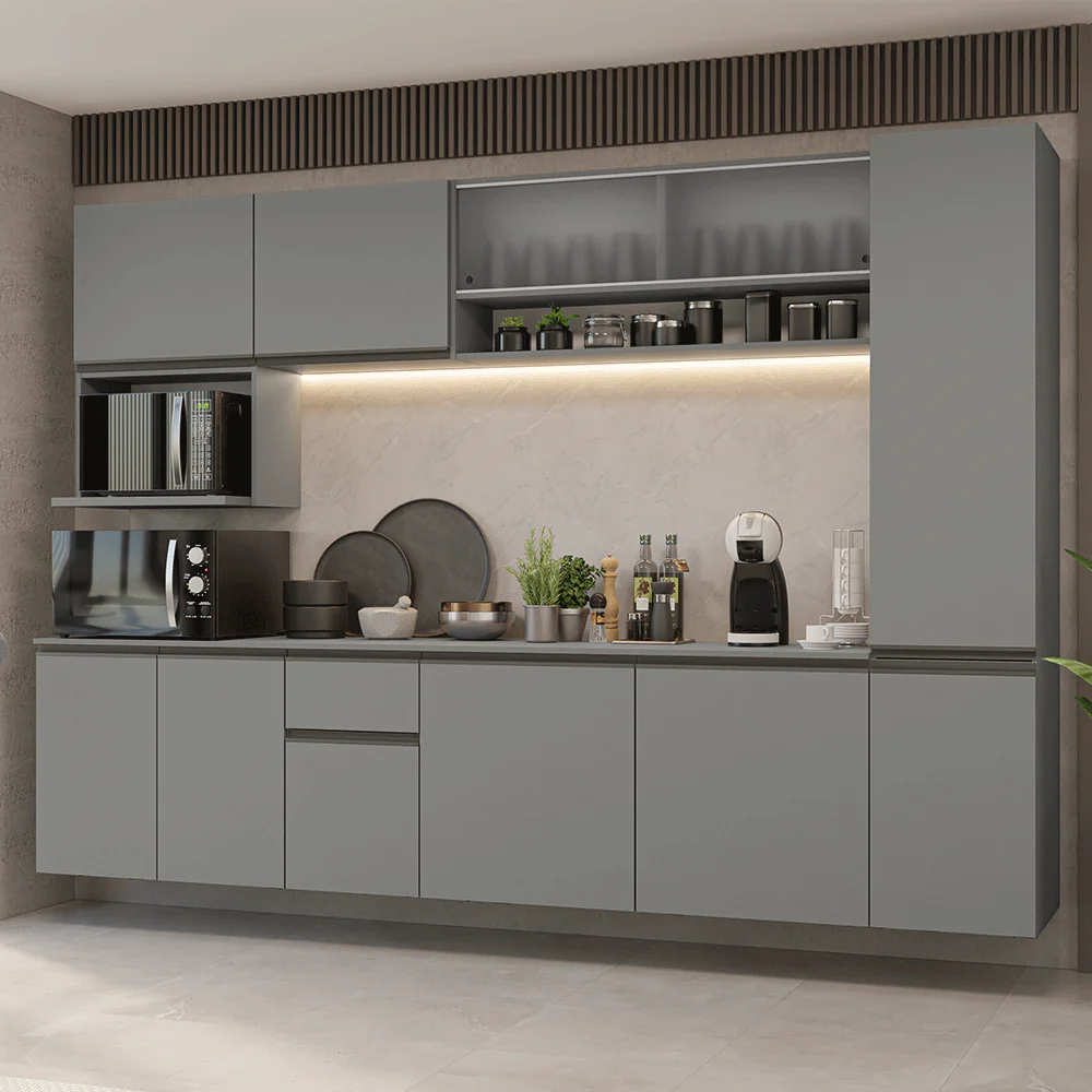 Armário de Cozinha Completa 280 cm Suspensa Cinza Nice Madesa 04