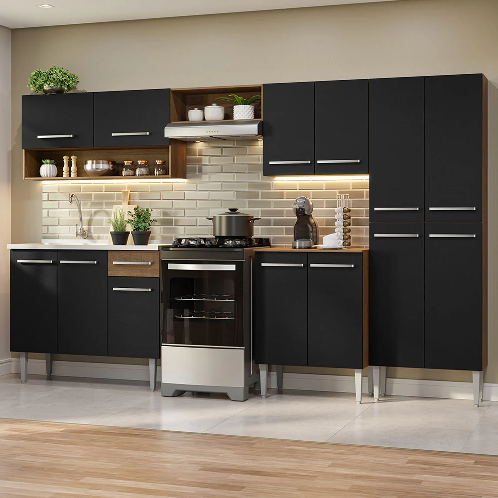 Armário de Cozinha Completa 293cm com Pia Rustic/Preto Emilly Madesa 09