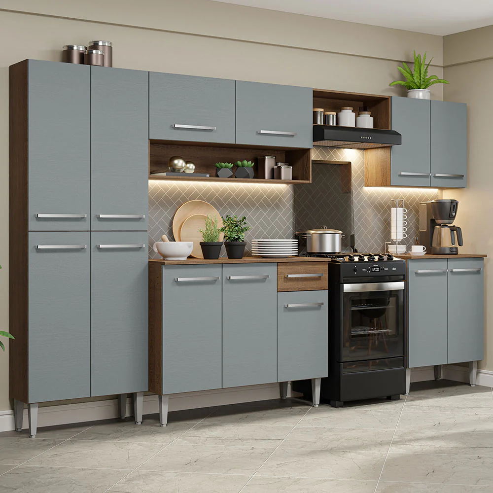 Armário de Cozinha Completa 293cm Rustic/Cinza Emilly Madesa 02