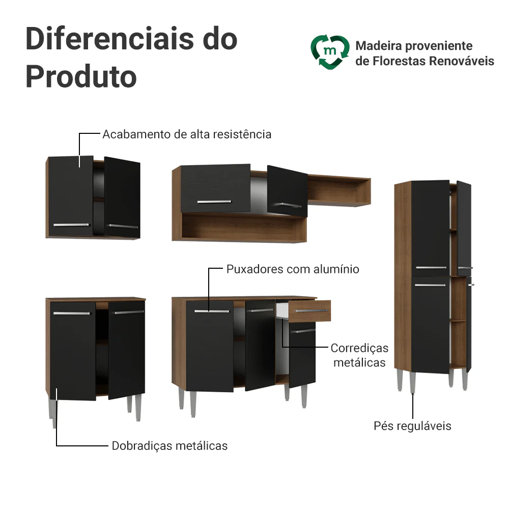 Armário de Cozinha Completa 293cm Rustic/Preto Emilly Madesa 011 - Image 3
