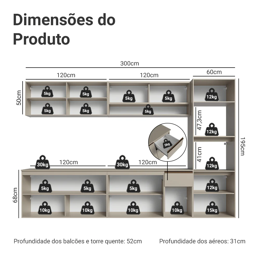 Armário de Cozinha Completa 300 cm Suspenso Crema Nice Madesa 04 - Image 3