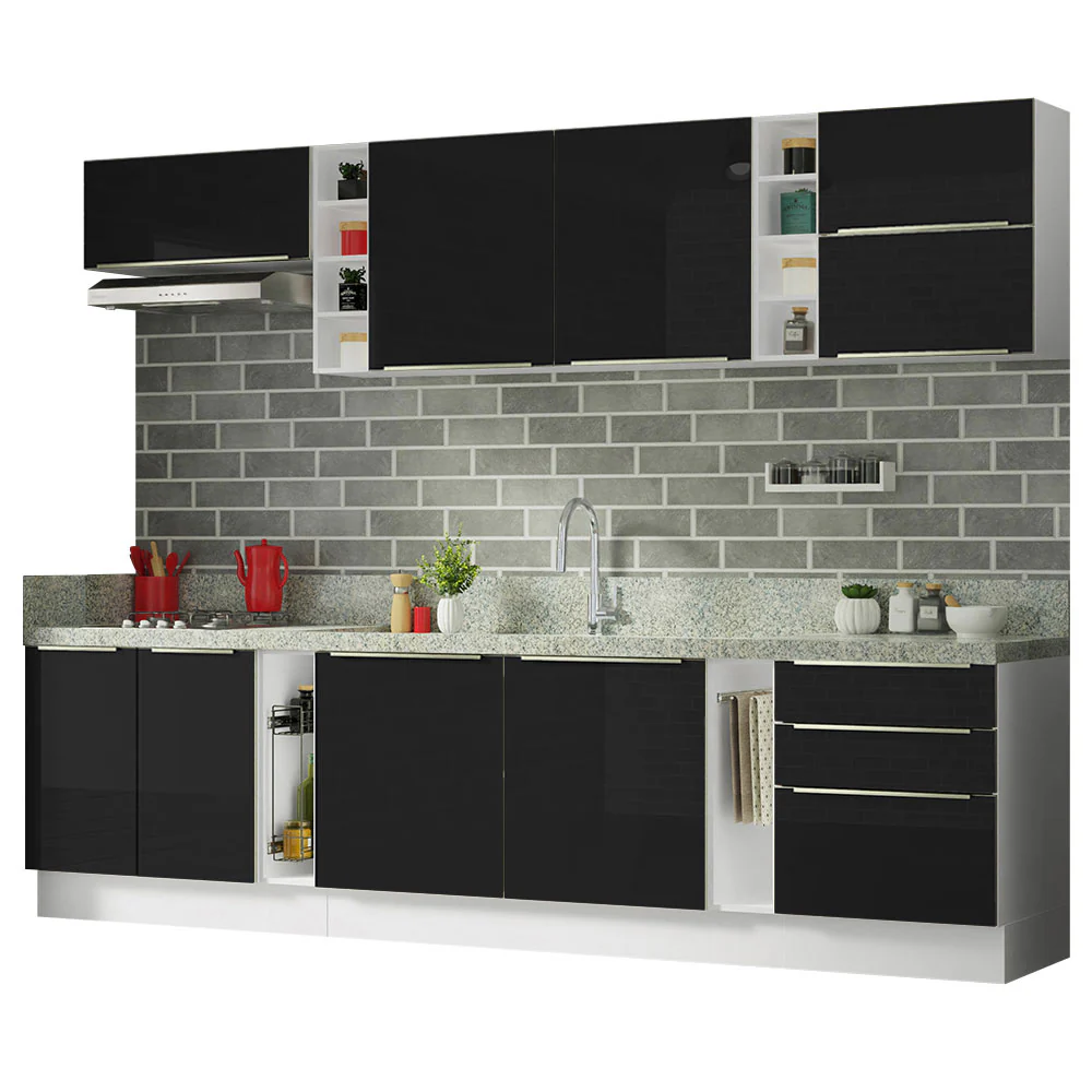 Armário de Cozinha Completa 300 x 60 cm Branco/Preto Lux da Sabrina Madesa - Image 4