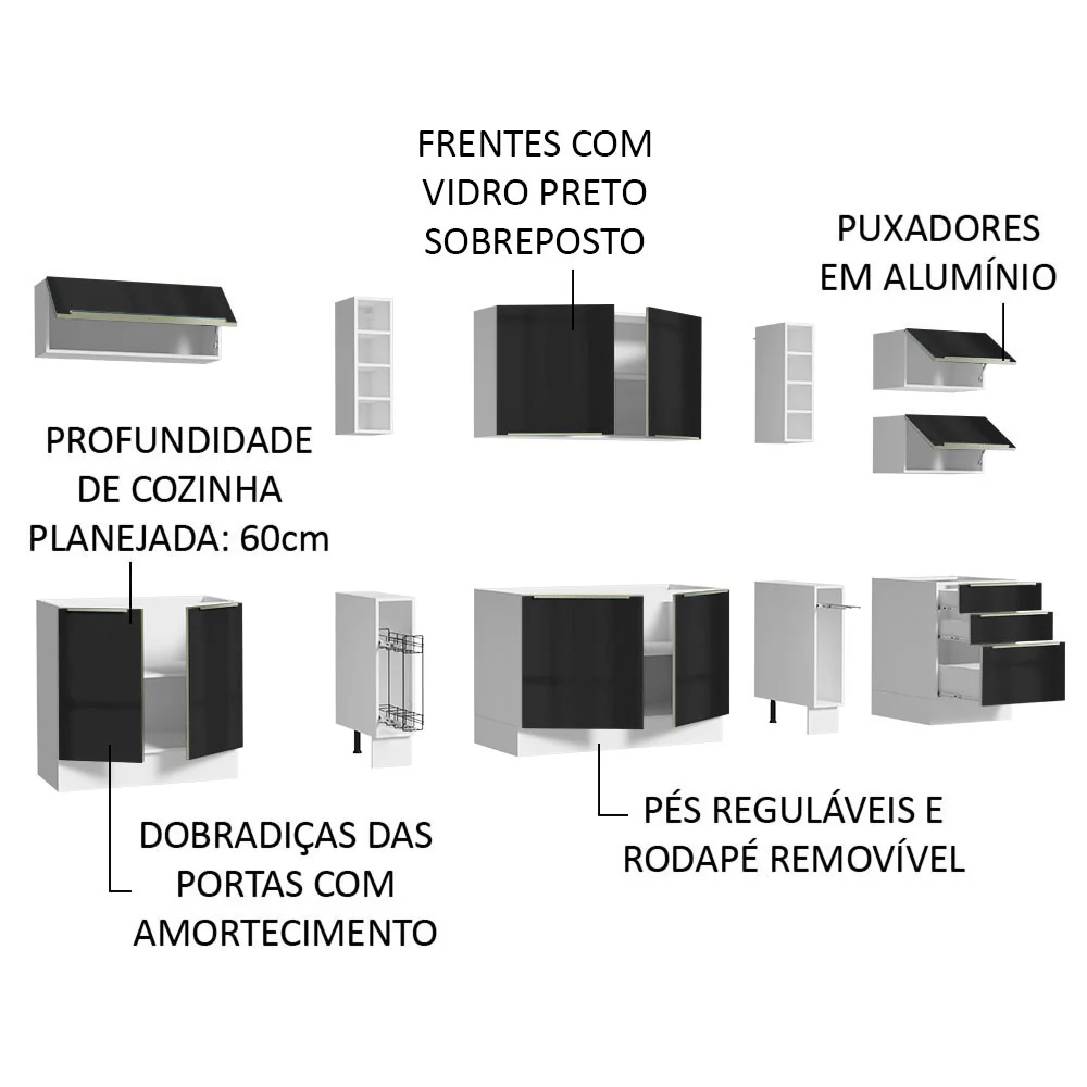 Armário de Cozinha Completa 300 x 60 cm Branco/Preto Lux da Sabrina Madesa - Image 7