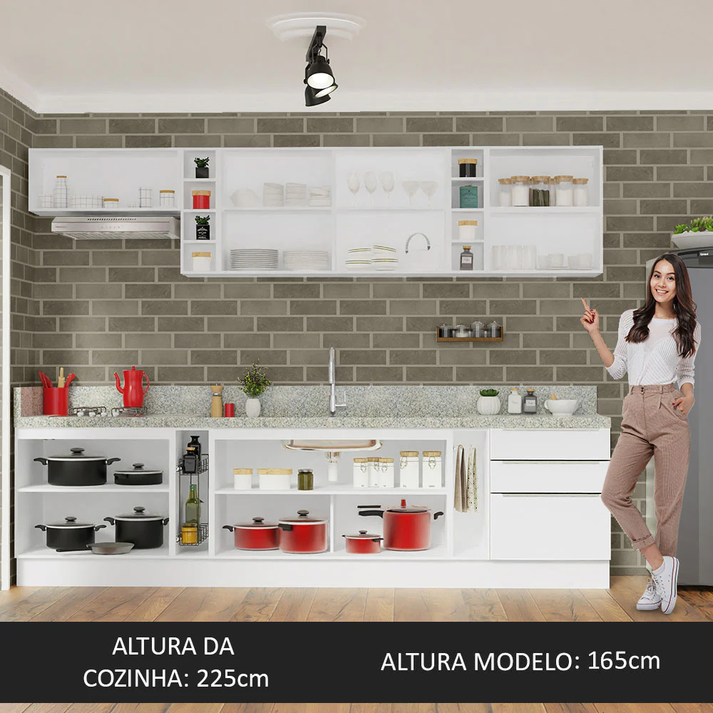 Armário de Cozinha Completa 300 x 60 cm Branco Veludo Lux da Sabrina Madesa - Image 10