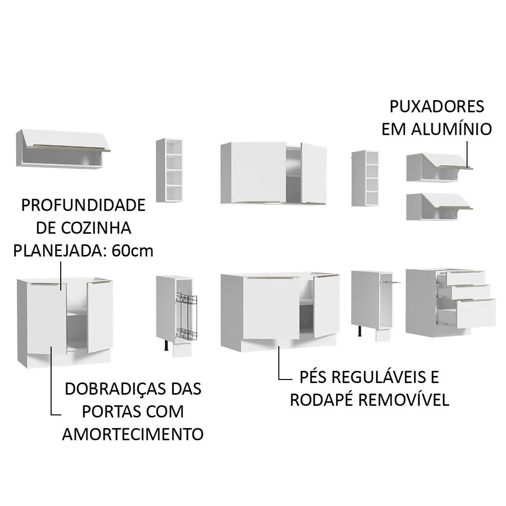 Armário de Cozinha Completa 300 x 60 cm Branco Veludo Lux da Sabrina Madesa - Image 7
