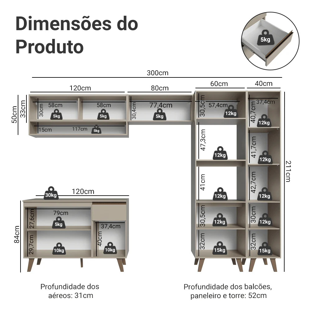 Armário de Cozinha Completa 300cm Crema Nice Madesa 09 - Image 3
