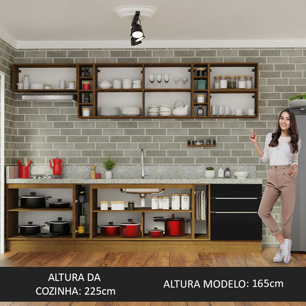 Armário de Cozinha Completa 300 x 60 cm Rustic/Preto Lux da Sabrina Madesa - Image 9