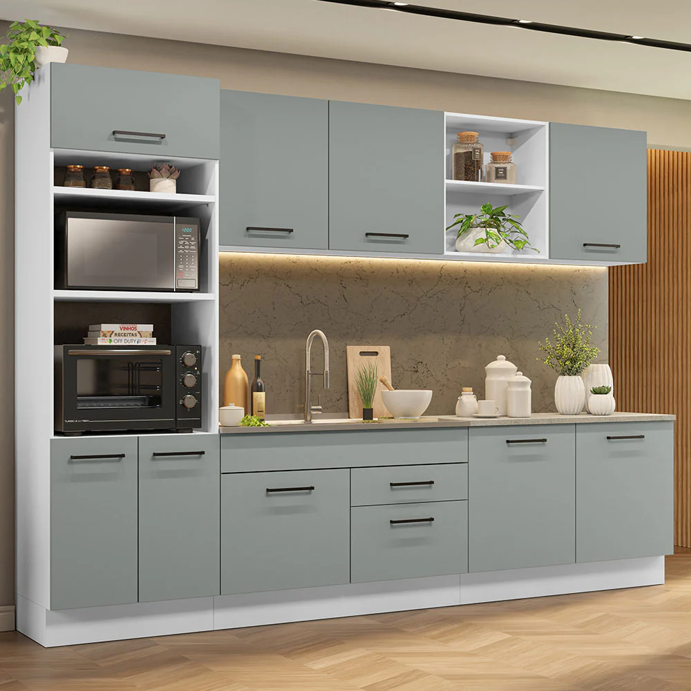 Armário de Cozinha Completa 310cm Branco/Cinza Agata Madesa 02