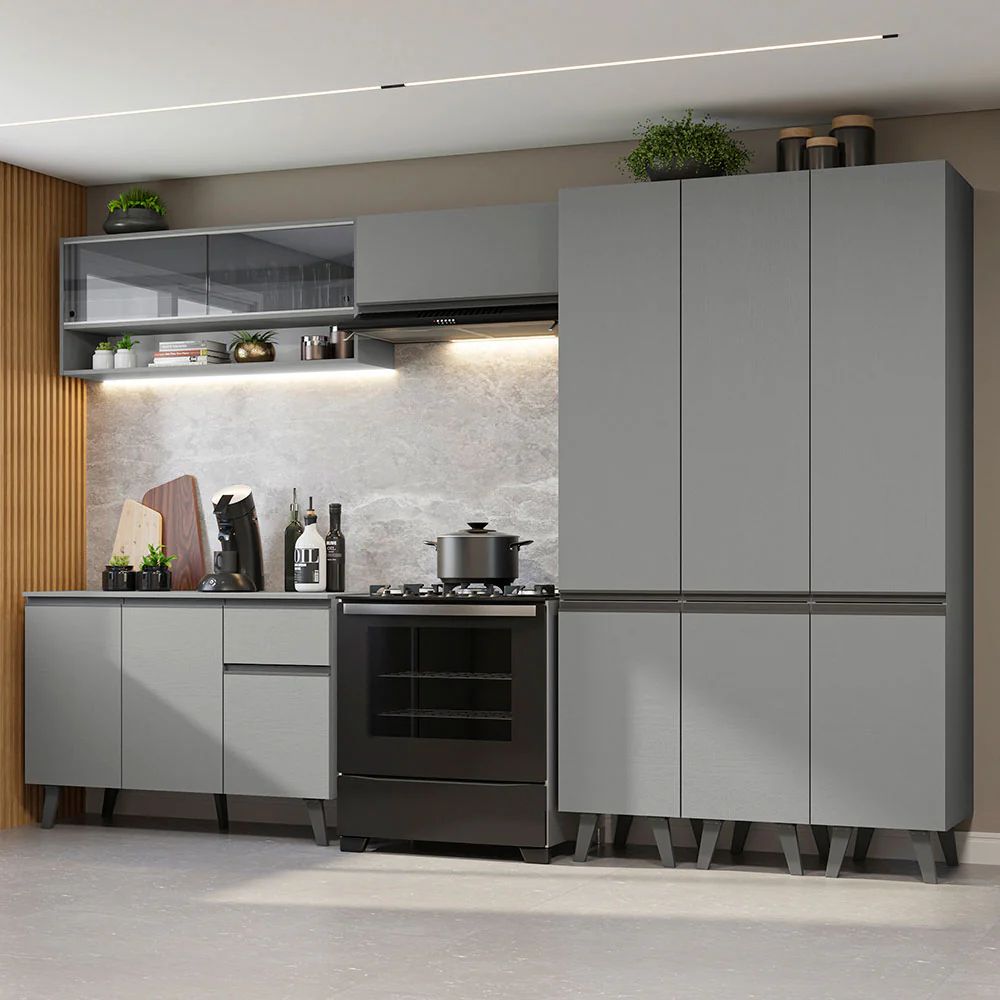 Armário de Cozinha Completa 320cm Cinza Nice Madesa 02