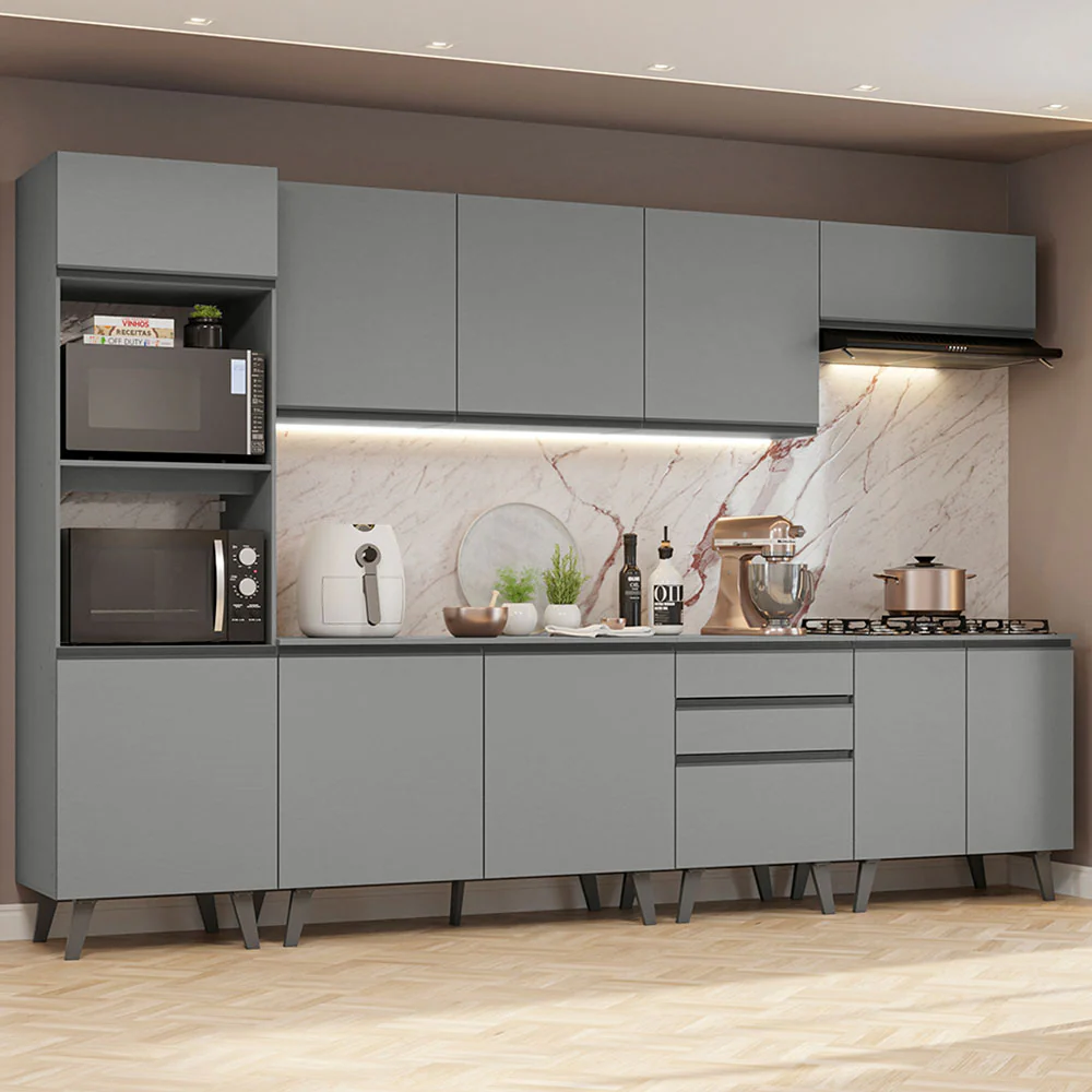 Armário de Cozinha Completa 320cm Cinza Nice Madesa 06