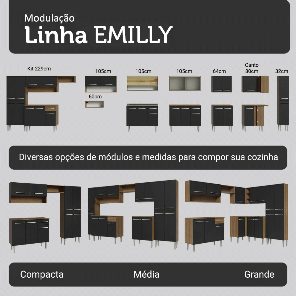 Armário de Cozinha Completa 325cm Rustic/Preto Emilly Madesa 07 - Image 9