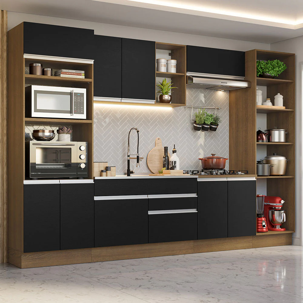 Armário de Cozinha Completa 330cm Rustic/Preto Glamy Madesa 03