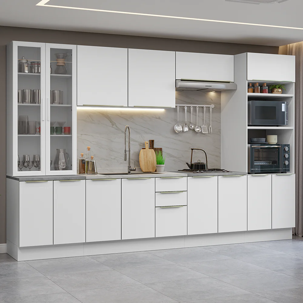 Armário de Cozinha Completa 340 x 60 cm Branco/Branco Veludo Lux Madesa 02