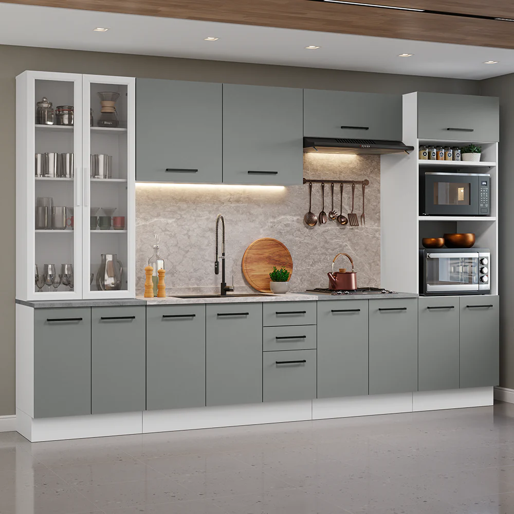 Armário de Cozinha Completa 340cm Branco/Cinza Agata Madesa 01