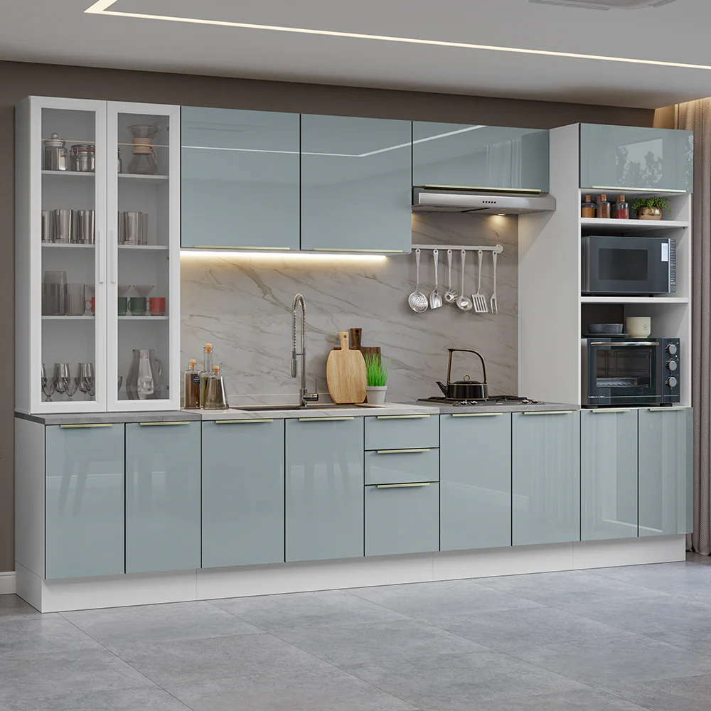Armário de Cozinha Completa 340 x 60 cm Branco/Cinza Lux Madesa 02