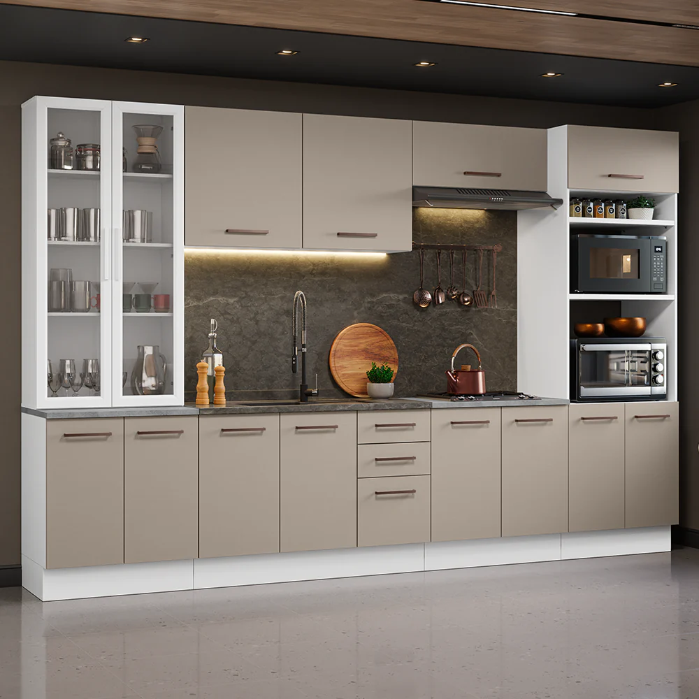 Armário de Cozinha Completa 340cm Branco/Crema Agata Madesa 01
