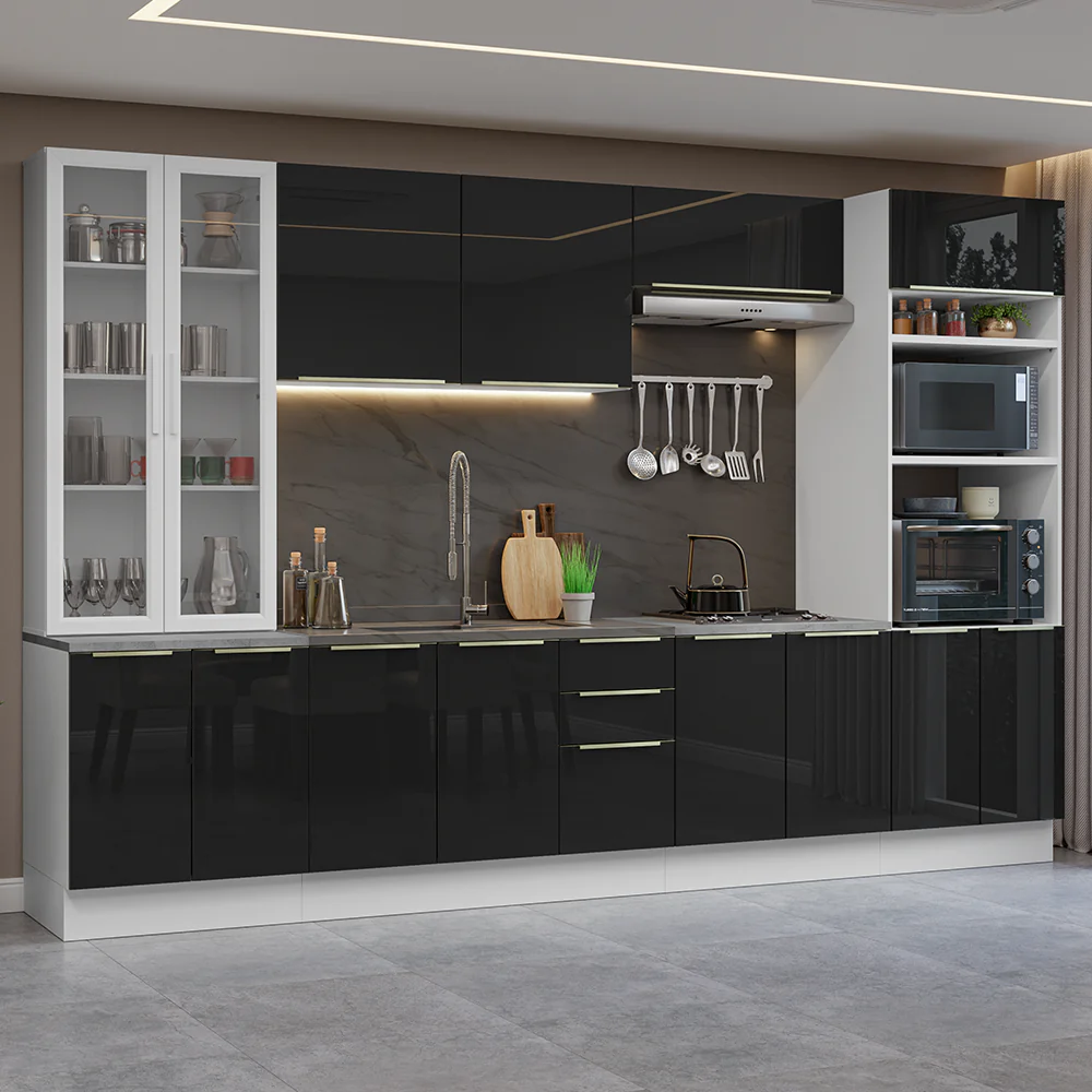 Armário de Cozinha Completa 340 x 60 cm Branco/Preto Lux Madesa 02