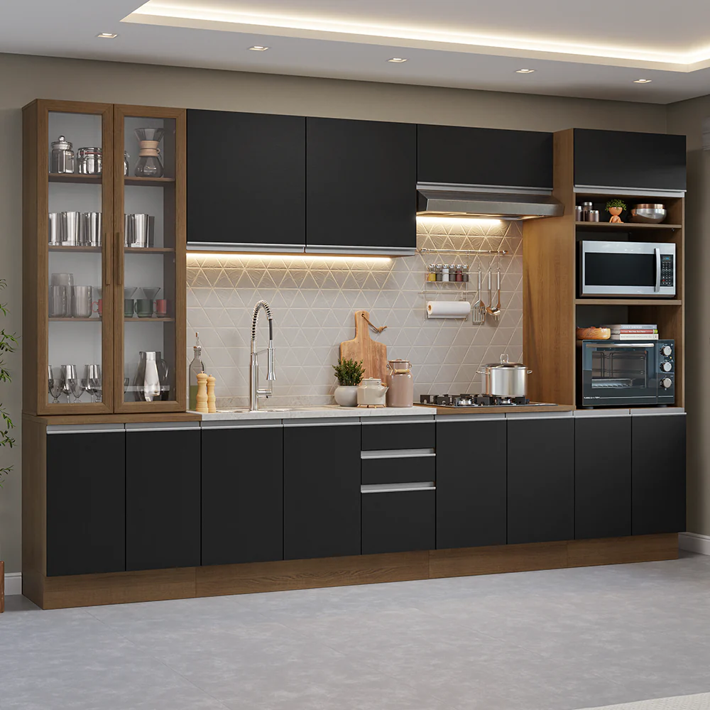 Armário de Cozinha Completa 340cm Rustic/Preto Glamy Madesa 01