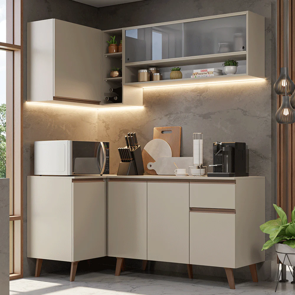 Armário de Cozinha Completa de Canto 265 cm Crema Nice Madesa 02