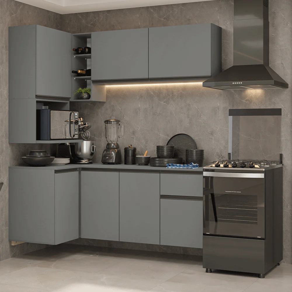 Armário de Cozinha Completa de Canto 265 cm Suspensa Cinza Nice Madesa 06