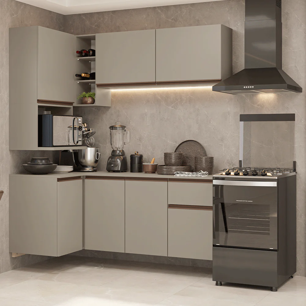 Armário de Cozinha Completa de Canto 265 cm Suspensa Crema Nice Madesa 06