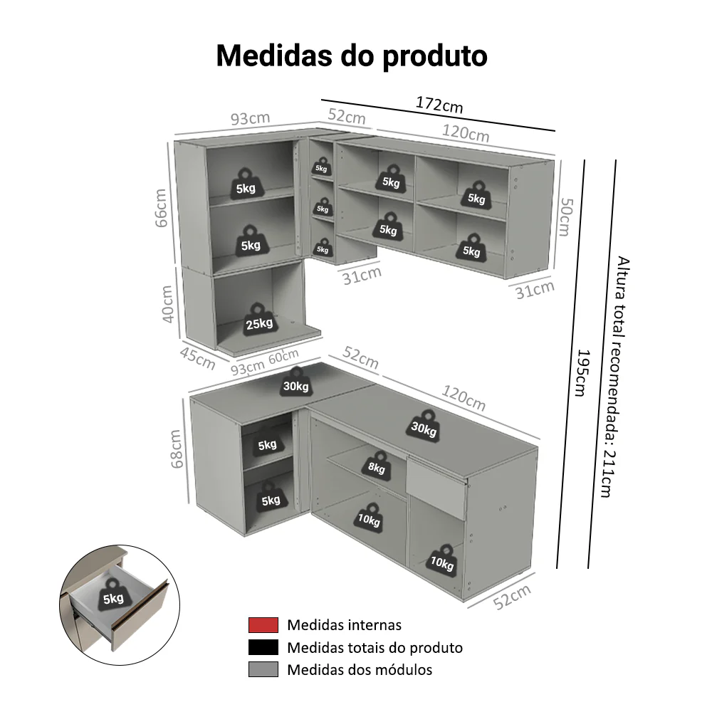 Armário de Cozinha Completa de Canto 265 cm Suspensa Crema Nice Madesa 06 - Image 3