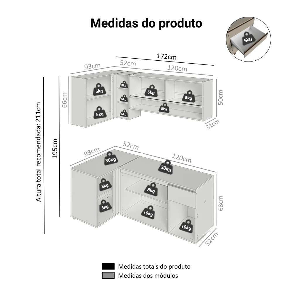 Armário de Cozinha Completa de Canto 265 cm Suspenso Crema Nice Madesa 04 - Image 3