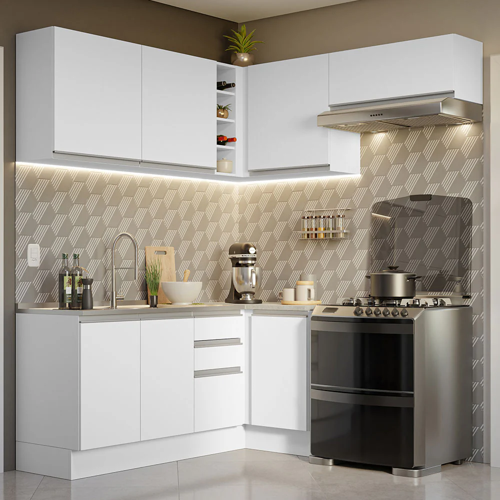 Armário de Cozinha Completa de Canto 349cm Branco Glamy Madesa 07