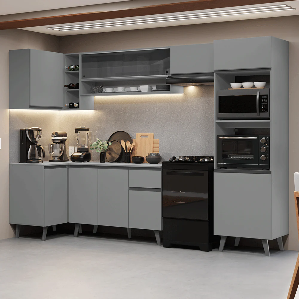 Armário de Cozinha Completa de Canto 385cm Cinza Nice Madesa 04