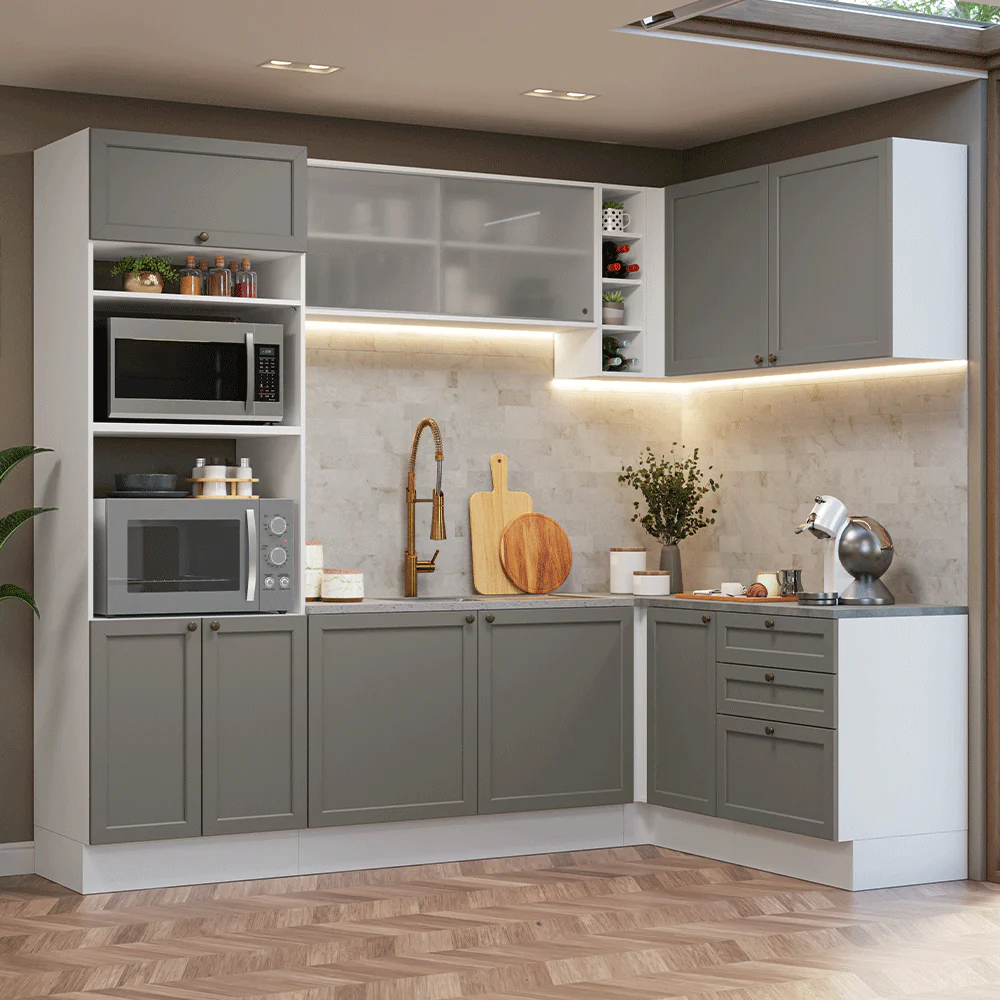 Armário de Cozinha Completa de Canto 399 cm Branco/Cinza Vik Madesa 01