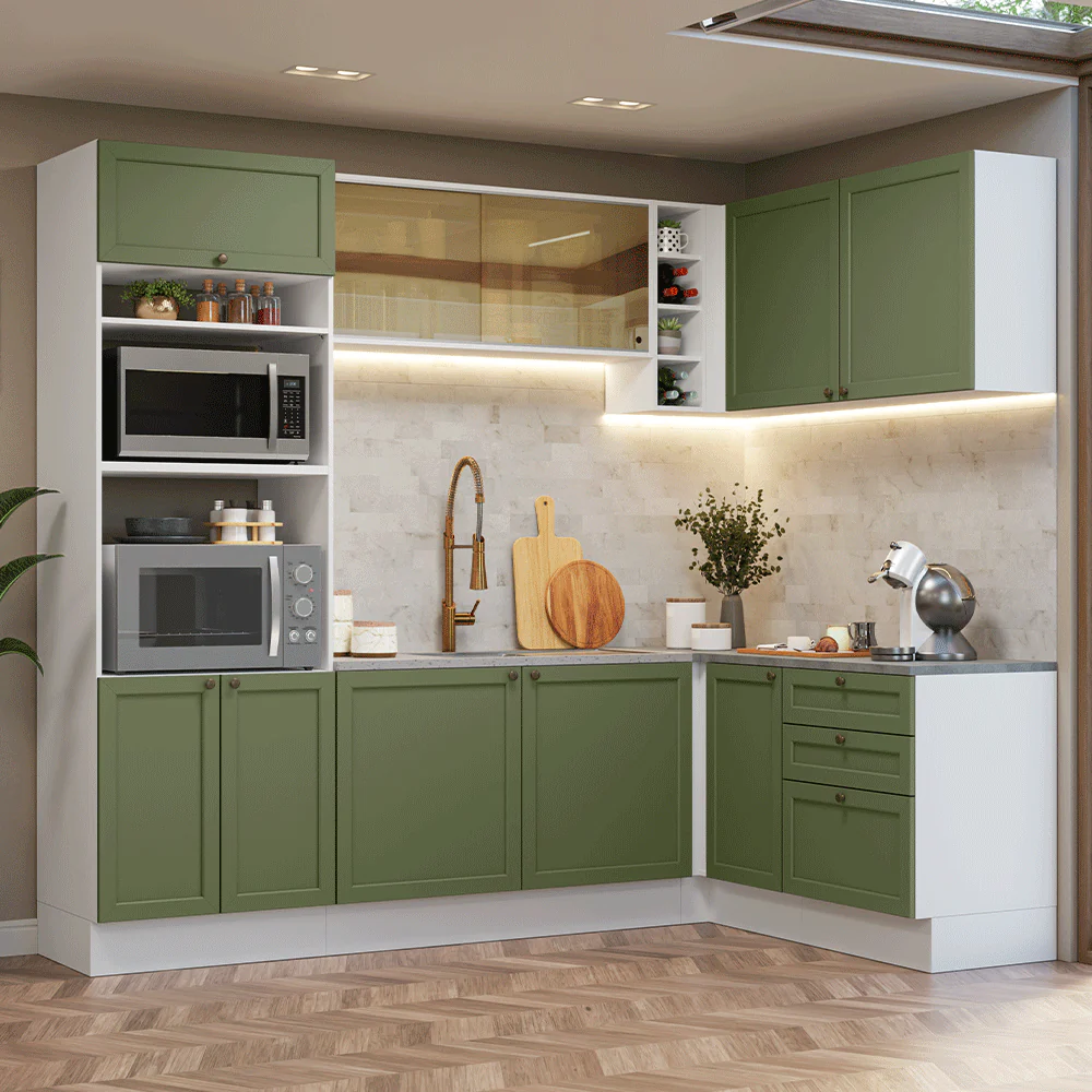 Armário de Cozinha Completa de Canto 399 cm Branco/Verde Vik Madesa 02