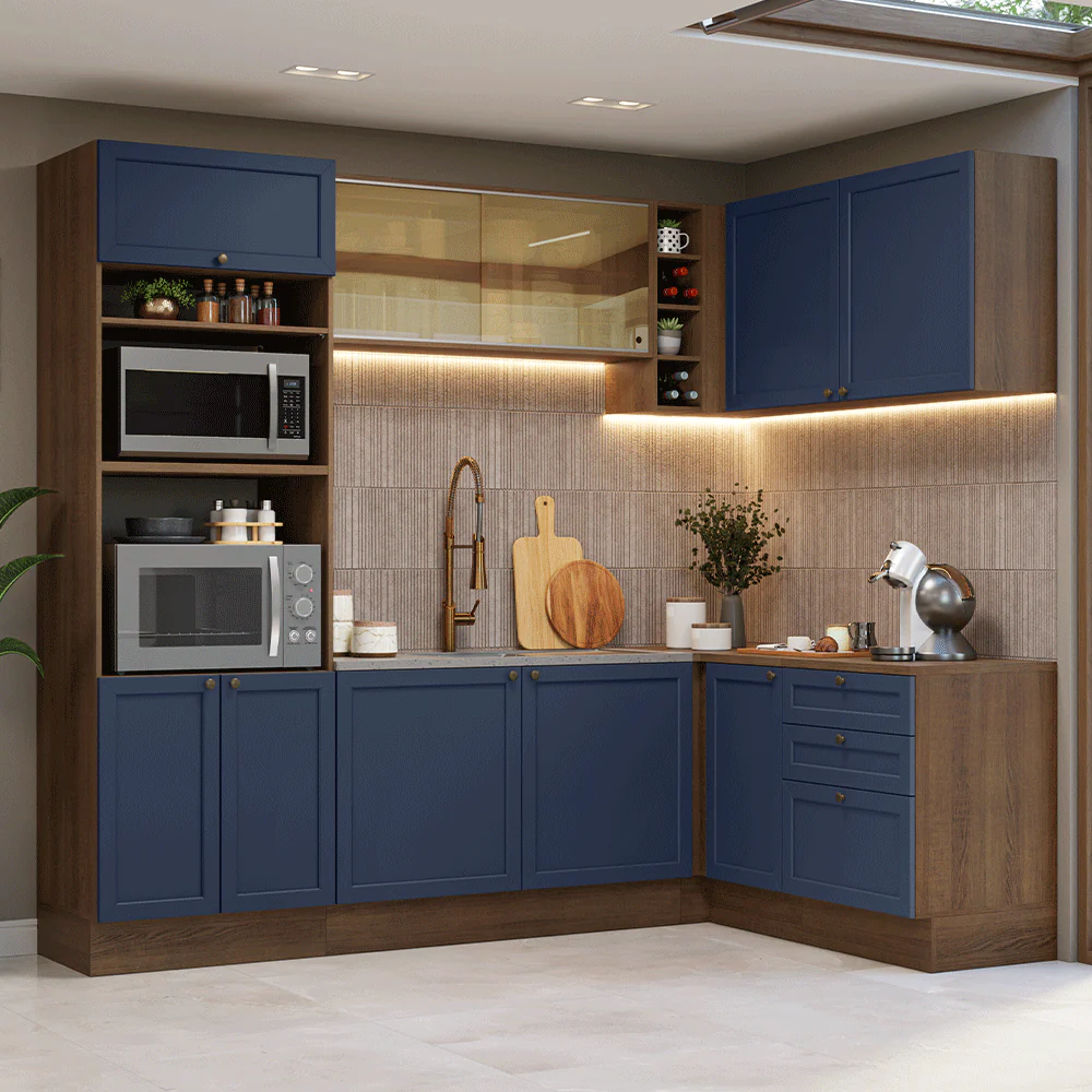 Armário de Cozinha Completa de Canto 399 cm Rustic/Azul Vik Madesa 02