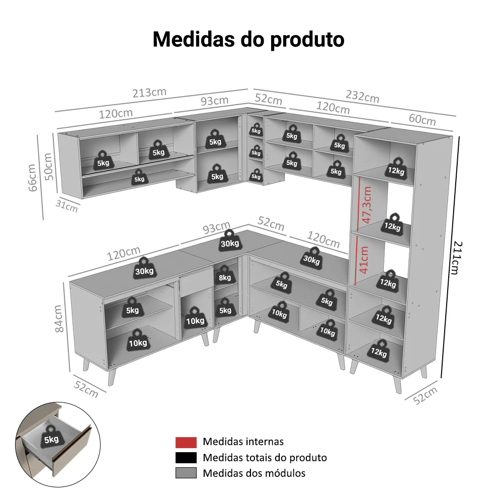 Armário de Cozinha Completa de Canto 445cm Crema Nice Madesa 02 - Image 3