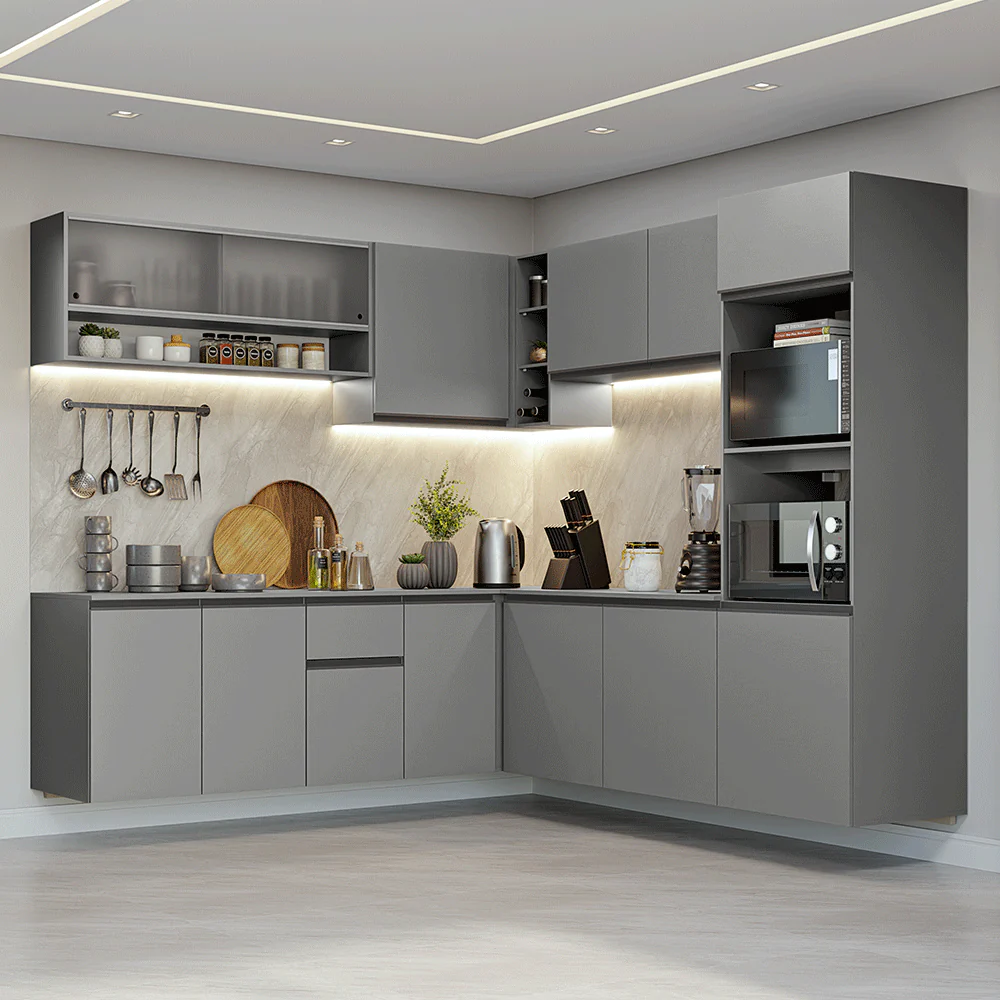 Armário de Cozinha Completa de Canto 445cm Suspensa Cinza Nice Madesa 03