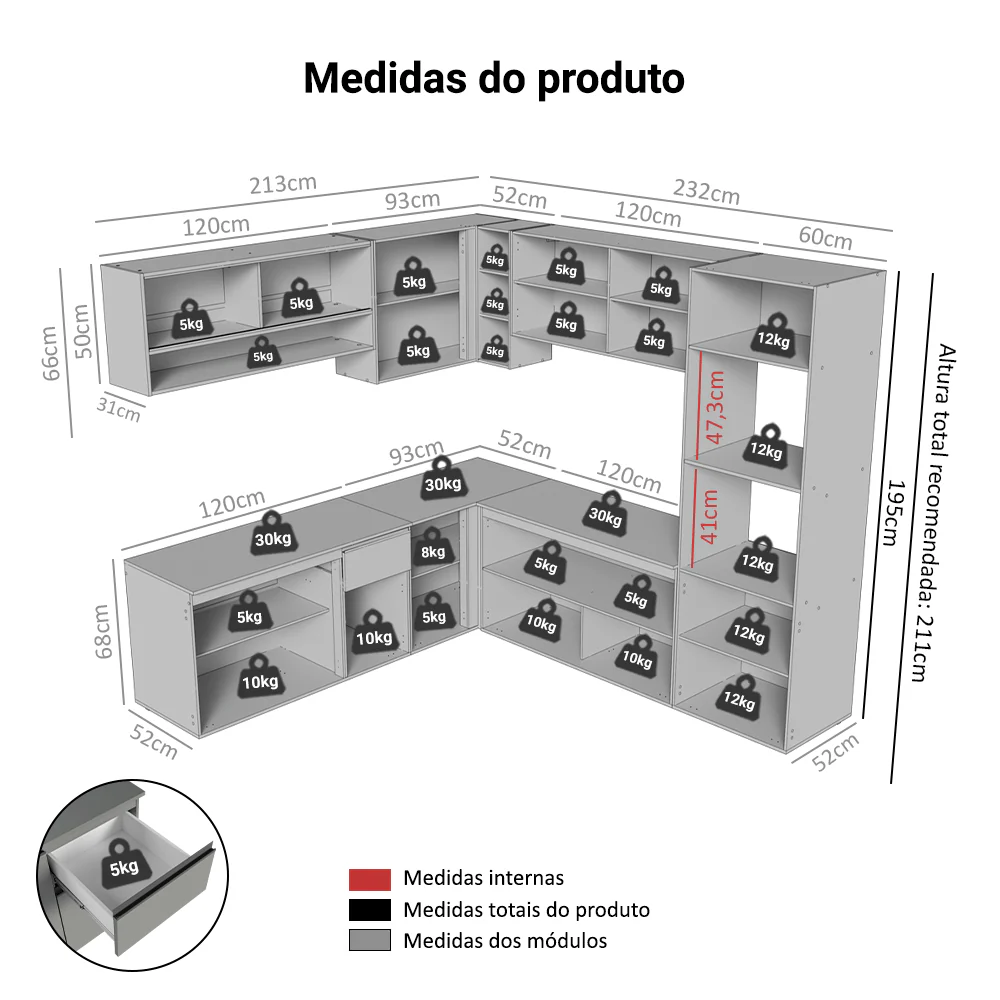 Armário de Cozinha Completa de Canto 445cm Suspensa Cinza Nice Madesa 03 - Image 3