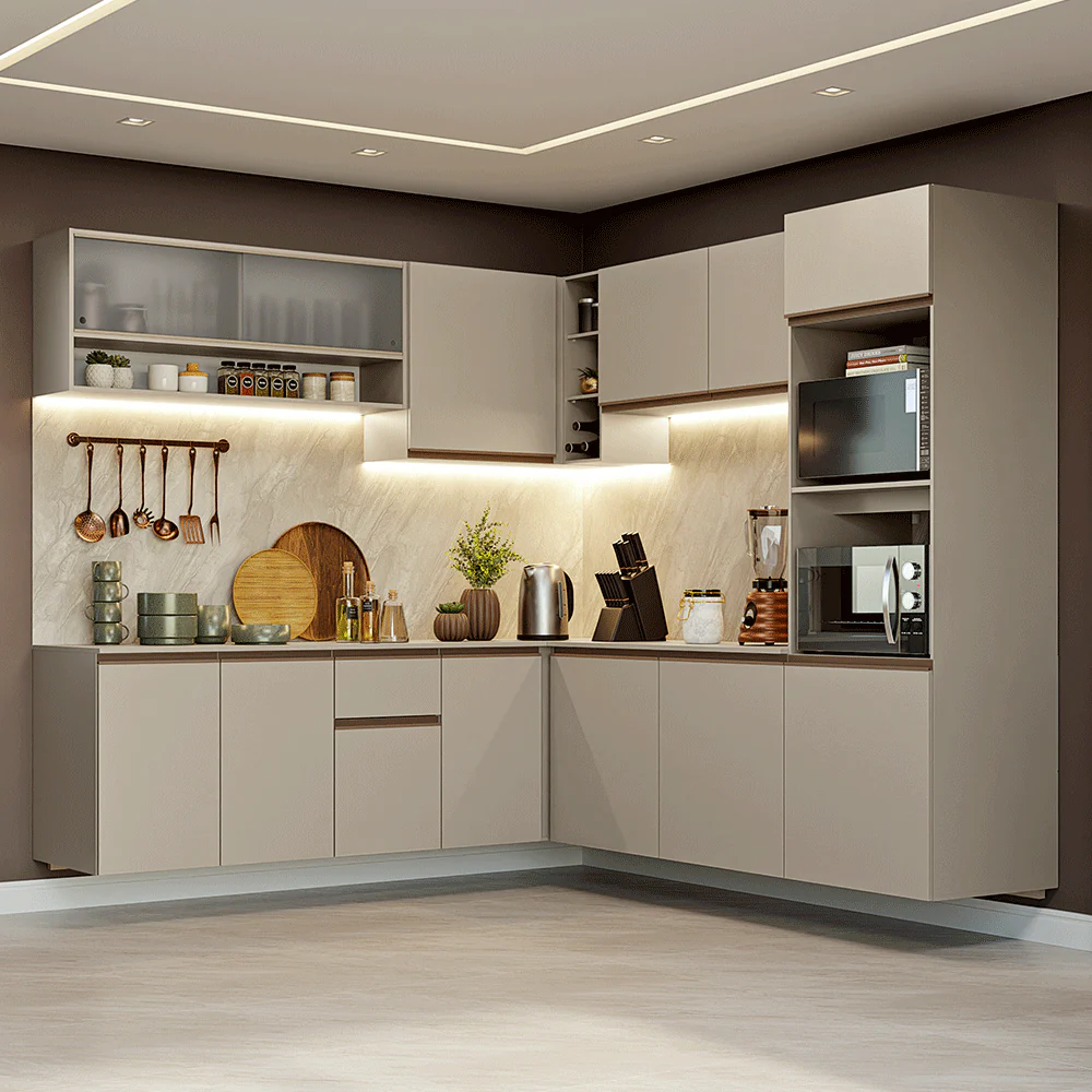 Armário de Cozinha Completa de Canto 445cm Suspensa Crema Nice Madesa 03