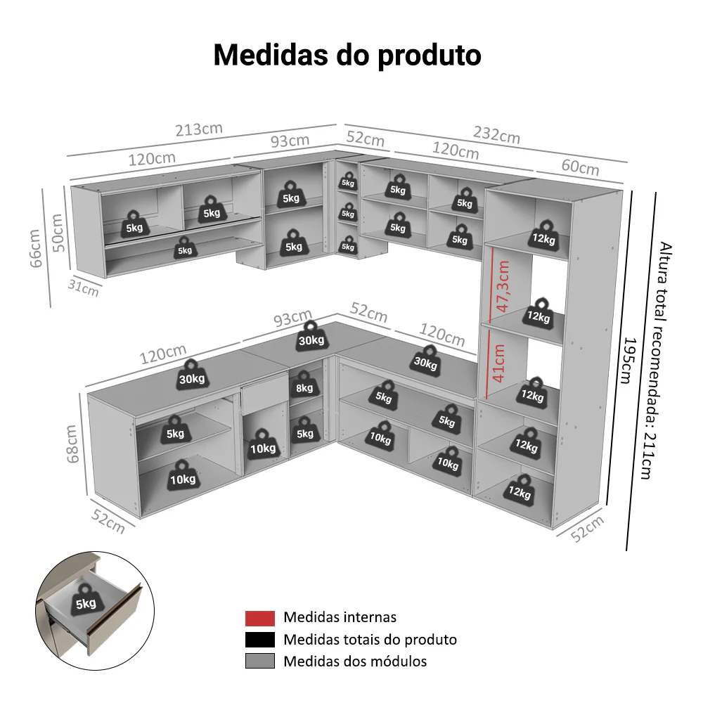 Armário de Cozinha Completa de Canto 445cm Suspensa Crema Nice Madesa 03 - Image 3