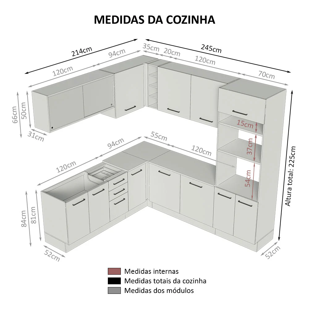 Armário de Cozinha Completa de Canto 459cm Branco/Crema Agata Madesa 01 - Image 3
