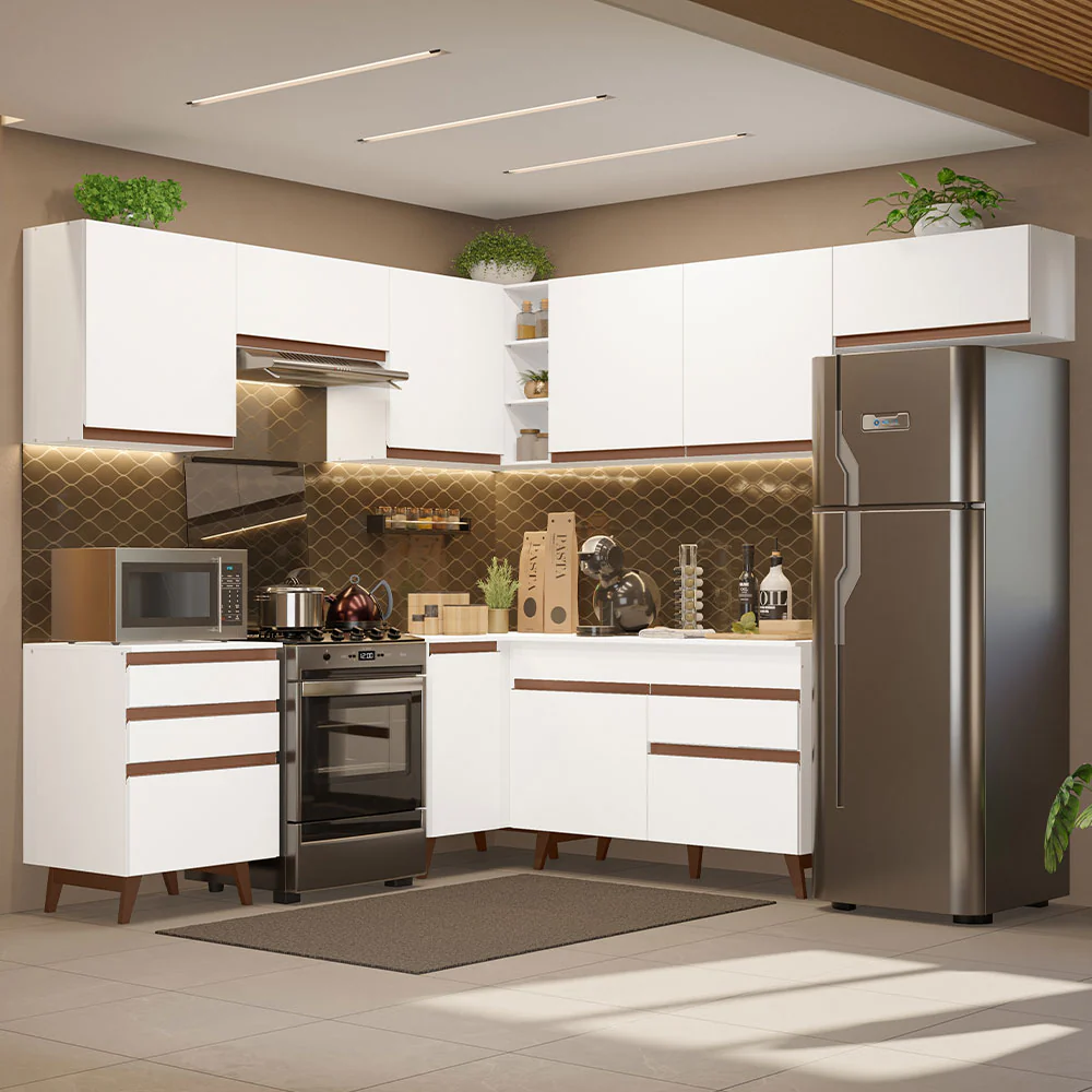 Armário de Cozinha Completa de Canto 462cm Branco Reims Madesa 03