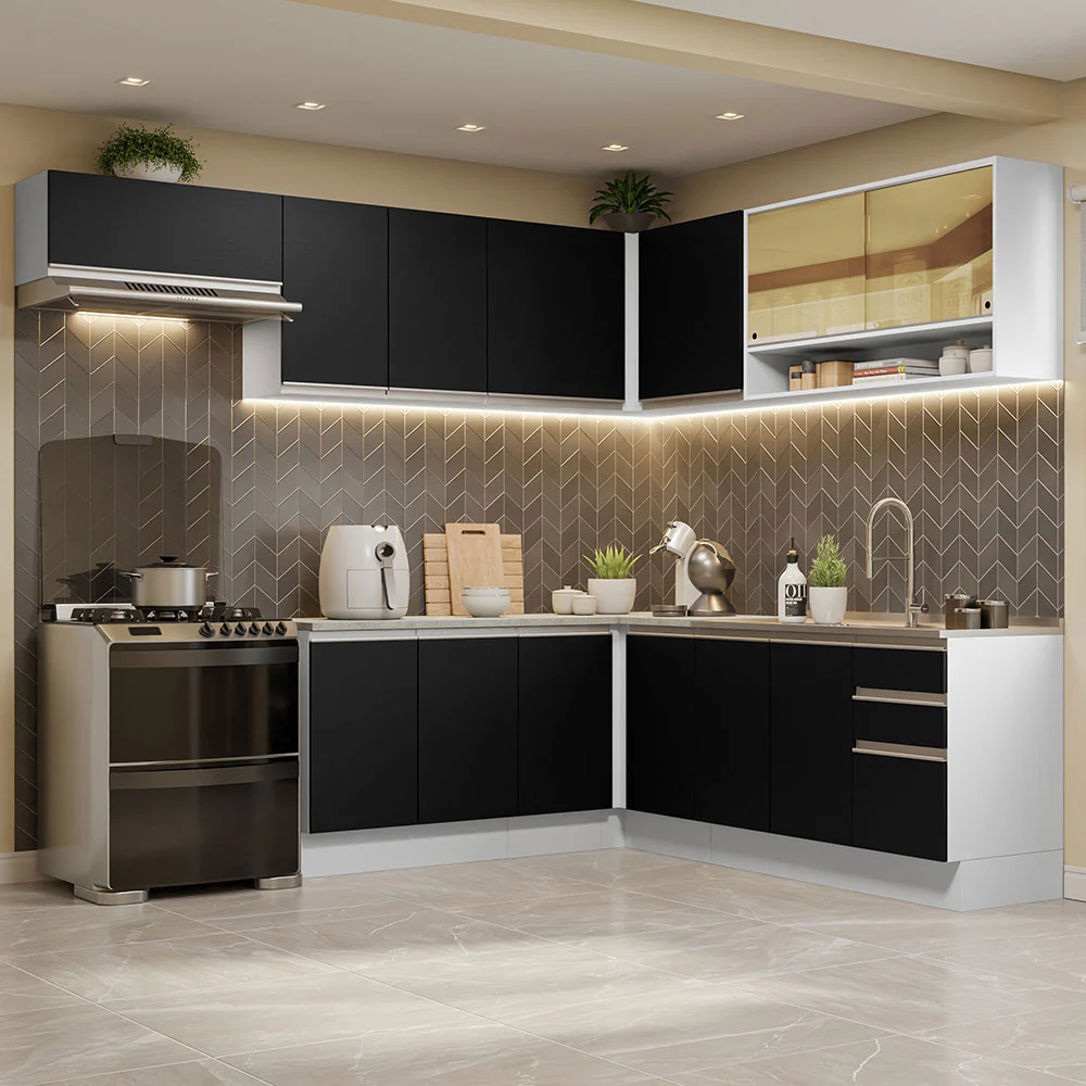 Armário de Cozinha Completa de Canto 469cm Branco/Preto Glamy Madesa 01