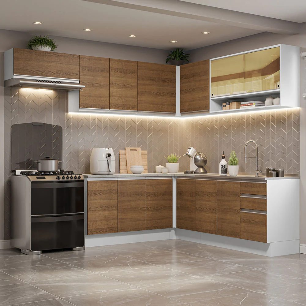 Armário de Cozinha Completa de Canto 469cm Branco/Rustic Glamy Madesa 01
