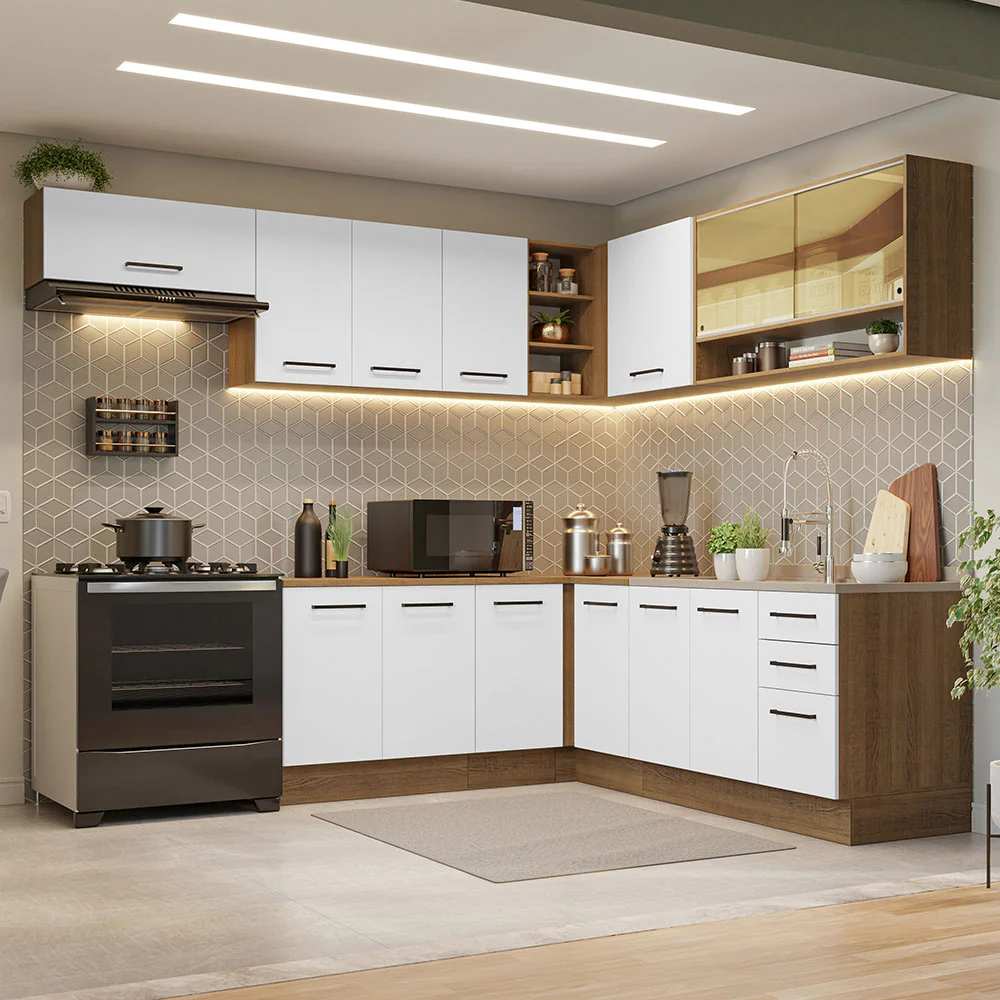 Armário de Cozinha Completa de Canto 486cm Rustic/Branco 60cm de Profundidade Agata Madesa 01
