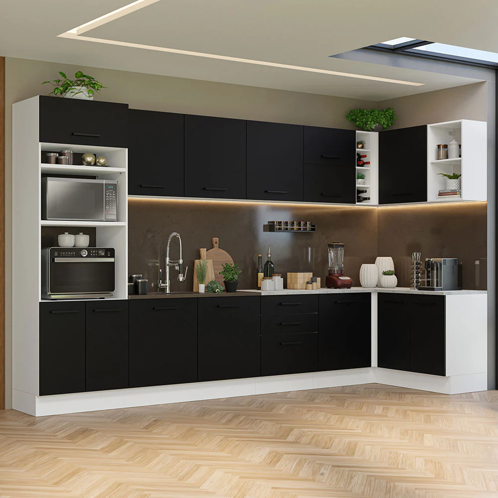 Armário de Cozinha Planejada de Canto 499cm Branco/Preto Agata Madesa 01