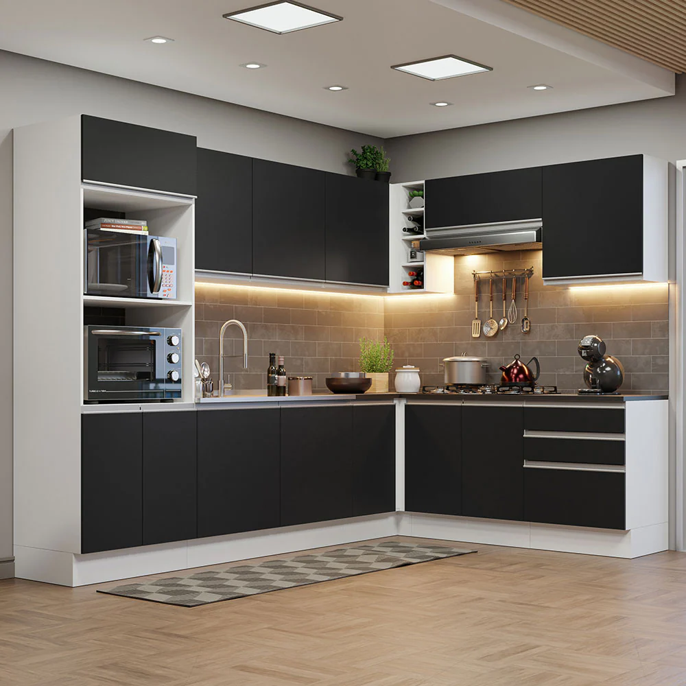 Armário de Cozinha Completa de Canto 100% MDF 479cm Branco/Preto Acordes Madesa 03