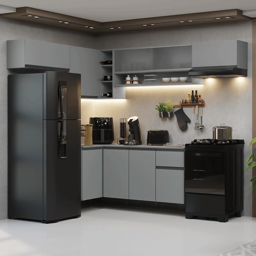 Armário de Cozinha Completa de Canto Suspenso 405cm Cinza Nice Madesa 03