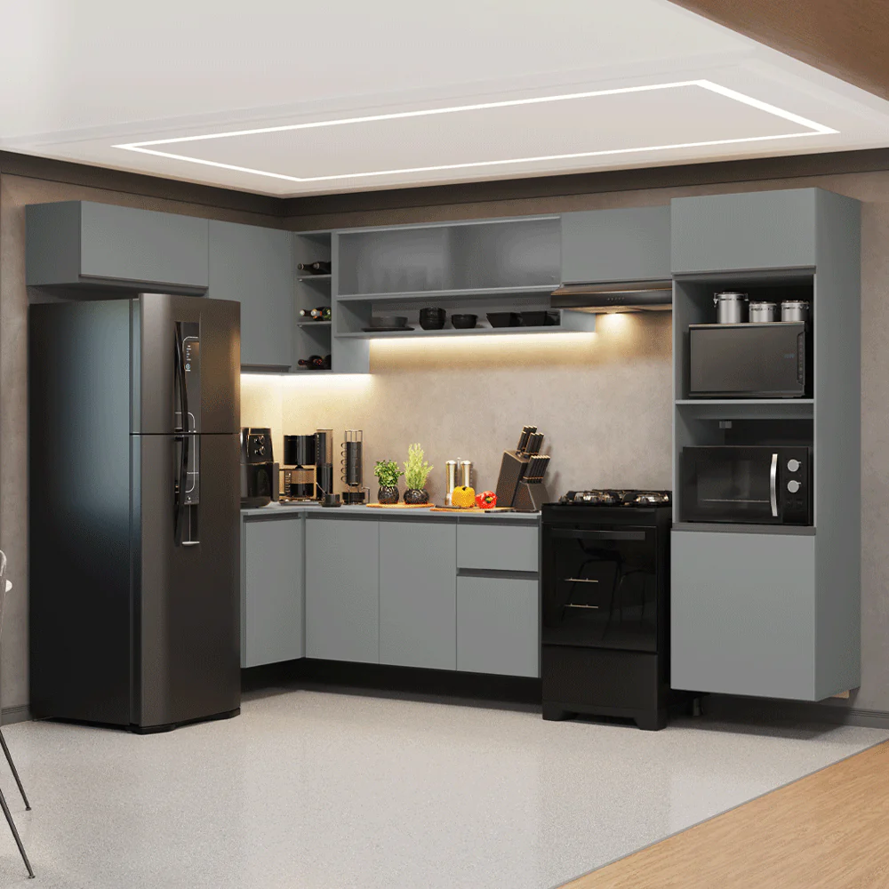 Armário de Cozinha Completa de Canto Suspenso 465cm Cinza Nice Madesa 06