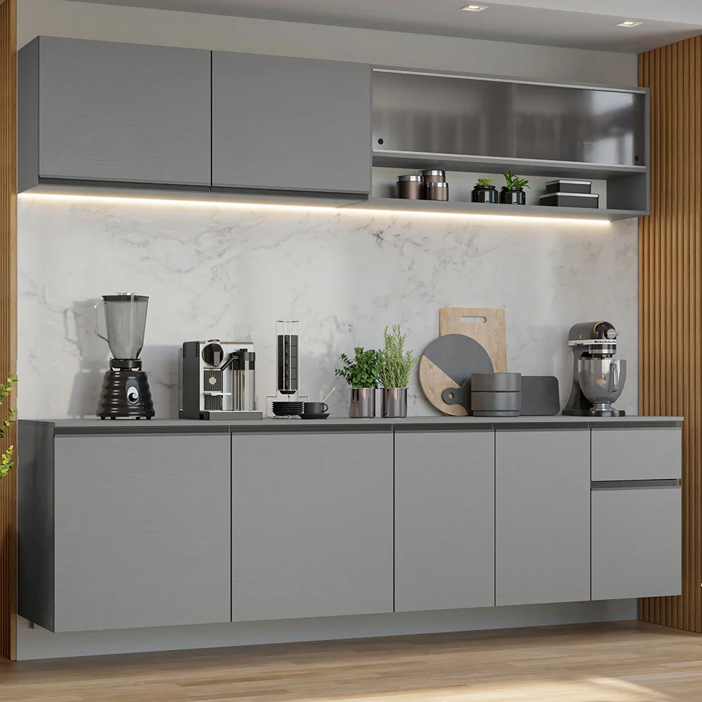 Armário de Cozinha Completa Suspenso 240cm Cinza Nice Madesa 04