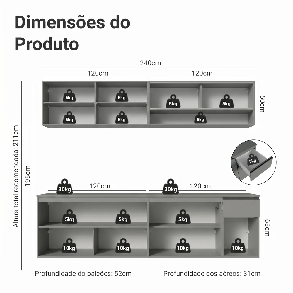 Armário de Cozinha Completa Suspenso 240cm Cinza Nice Madesa 05 - Image 3