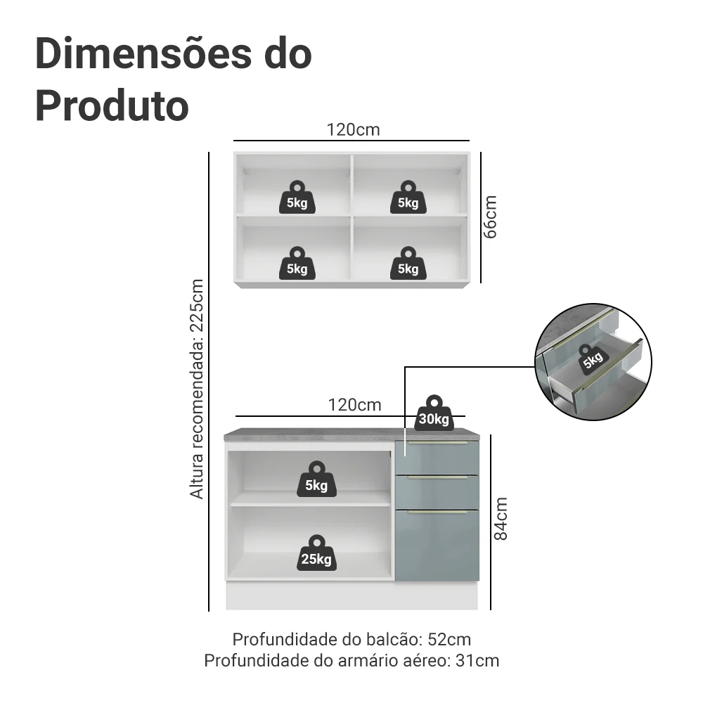 Armário de Cozinha Compacta 120 cm Branco/Cinza Lux Madesa 01 - Image 3