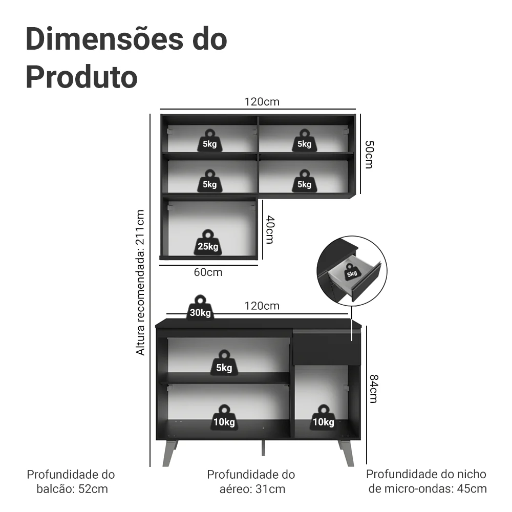 Armário de Cozinha Compacta 120 cm Preto Nice Madesa 05 - Image 3